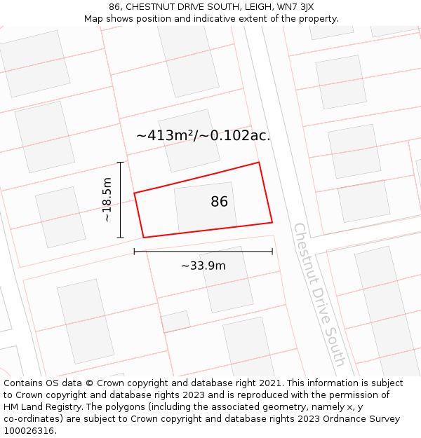 86, CHESTNUT DRIVE SOUTH, LEIGH, WN7 3JX: Plot and title map