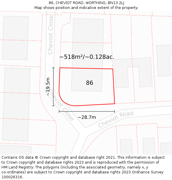 86, CHEVIOT ROAD, WORTHING, BN13 2LJ: Plot and title map