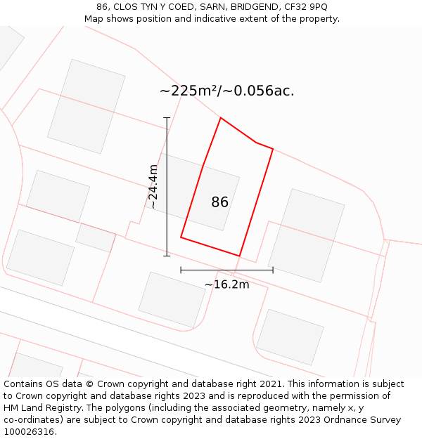86, CLOS TYN Y COED, SARN, BRIDGEND, CF32 9PQ: Plot and title map