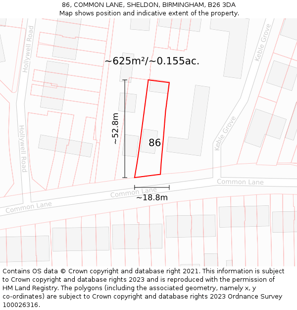 86, COMMON LANE, SHELDON, BIRMINGHAM, B26 3DA: Plot and title map