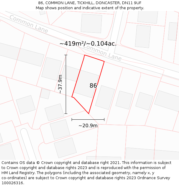 86, COMMON LANE, TICKHILL, DONCASTER, DN11 9UF: Plot and title map