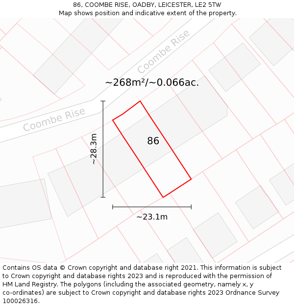 86, COOMBE RISE, OADBY, LEICESTER, LE2 5TW: Plot and title map