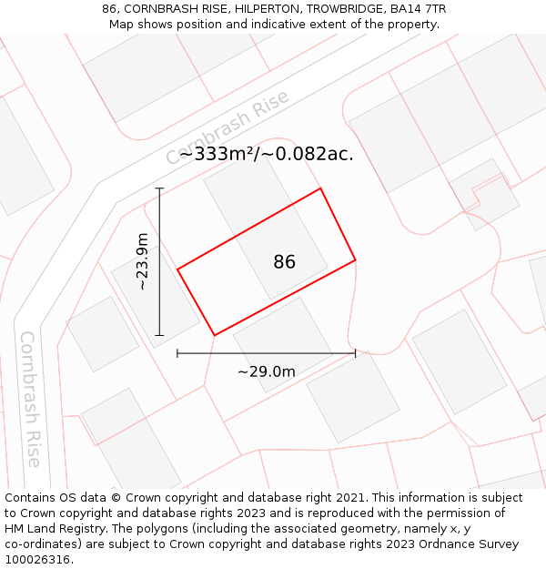 86, CORNBRASH RISE, HILPERTON, TROWBRIDGE, BA14 7TR: Plot and title map