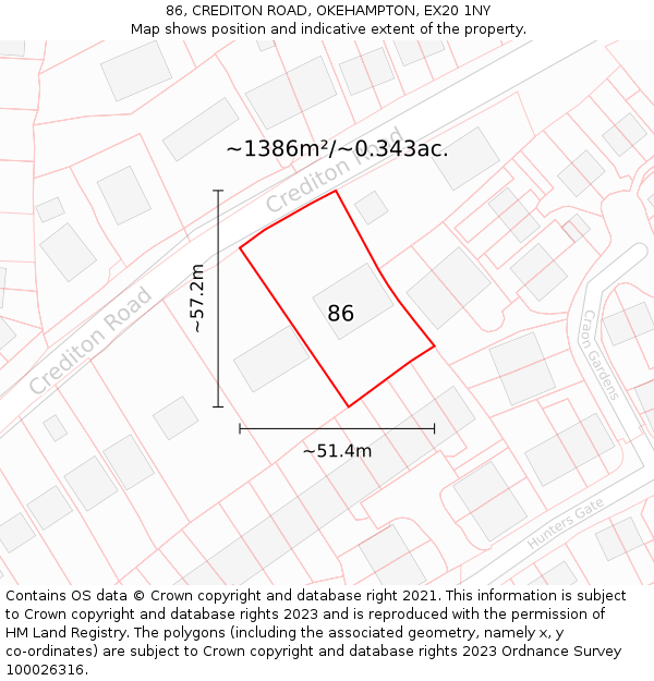 86, CREDITON ROAD, OKEHAMPTON, EX20 1NY: Plot and title map