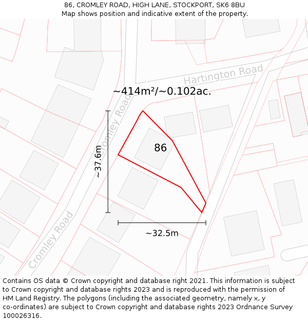 86, CROMLEY ROAD, HIGH LANE, STOCKPORT, SK6 8BU: Plot and title map