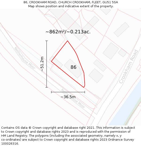 86, CROOKHAM ROAD, CHURCH CROOKHAM, FLEET, GU51 5SA: Plot and title map