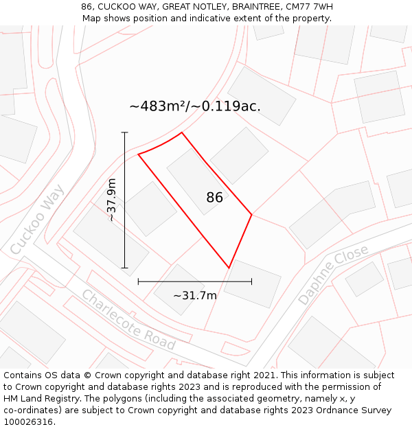86, CUCKOO WAY, GREAT NOTLEY, BRAINTREE, CM77 7WH: Plot and title map