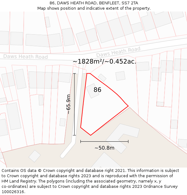 86, DAWS HEATH ROAD, BENFLEET, SS7 2TA: Plot and title map