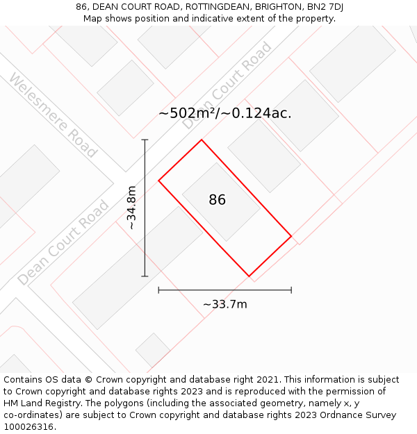 86, DEAN COURT ROAD, ROTTINGDEAN, BRIGHTON, BN2 7DJ: Plot and title map