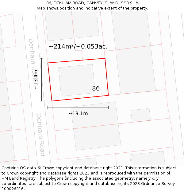 86, DENHAM ROAD, CANVEY ISLAND, SS8 9HA: Plot and title map