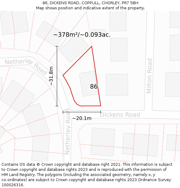 86, DICKENS ROAD, COPPULL, CHORLEY, PR7 5BH: Plot and title map
