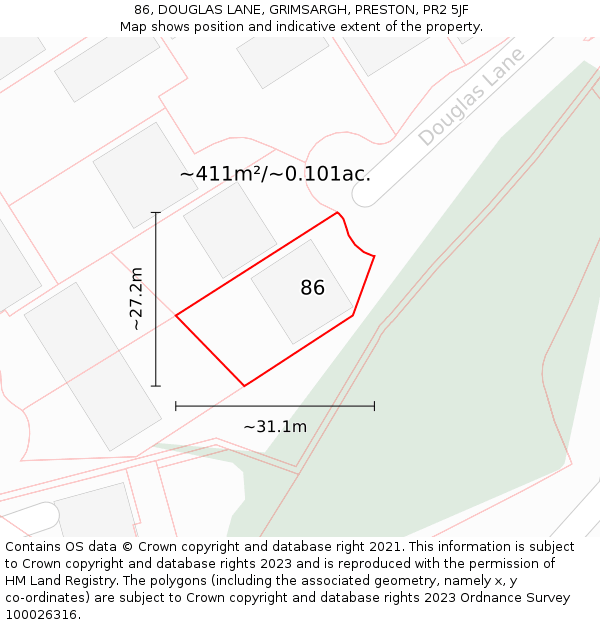 86, DOUGLAS LANE, GRIMSARGH, PRESTON, PR2 5JF: Plot and title map