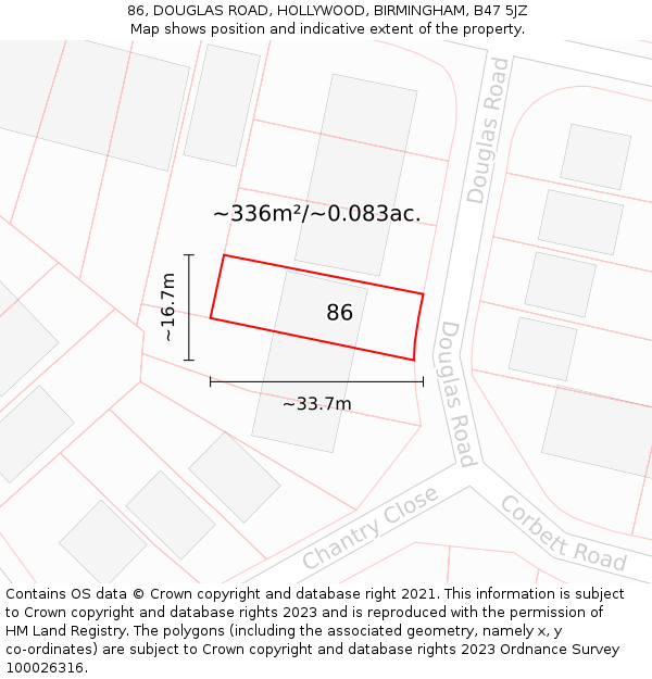86, DOUGLAS ROAD, HOLLYWOOD, BIRMINGHAM, B47 5JZ: Plot and title map