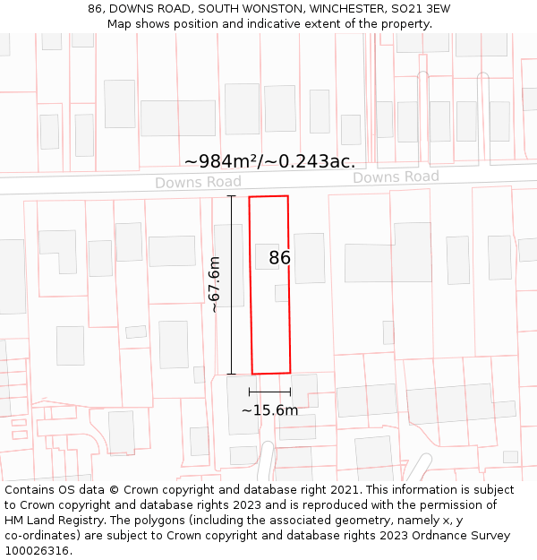 86, DOWNS ROAD, SOUTH WONSTON, WINCHESTER, SO21 3EW: Plot and title map