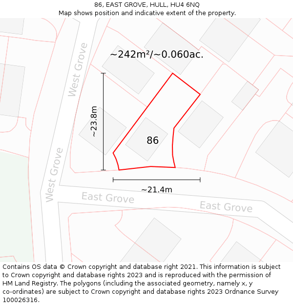 86, EAST GROVE, HULL, HU4 6NQ: Plot and title map