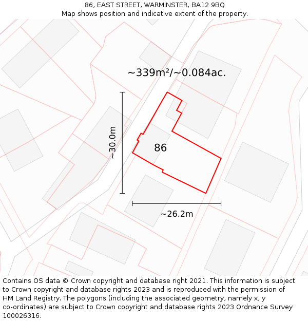 86, EAST STREET, WARMINSTER, BA12 9BQ: Plot and title map