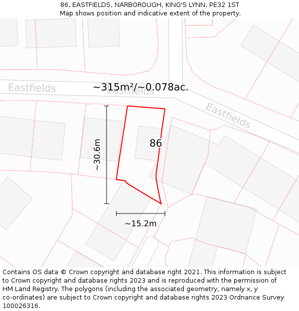 86, EASTFIELDS, NARBOROUGH, KING'S LYNN, PE32 1ST: Plot and title map