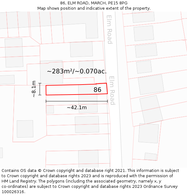 86, ELM ROAD, MARCH, PE15 8PG: Plot and title map