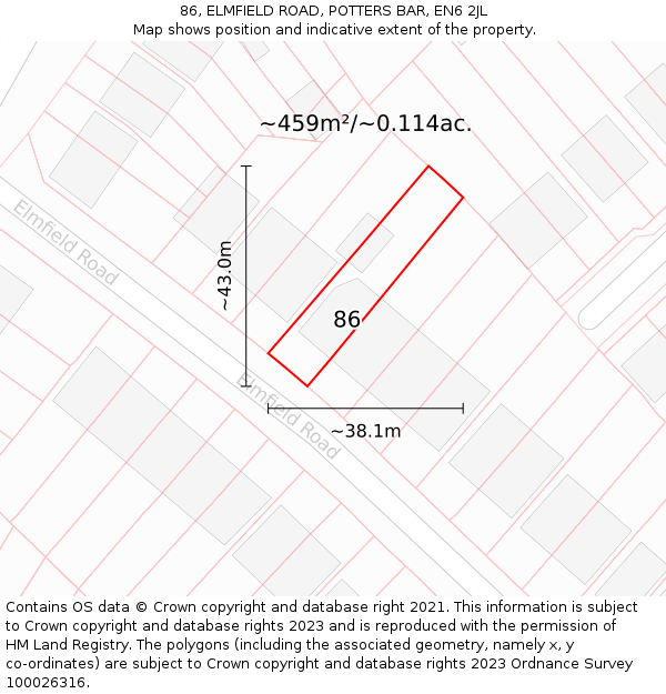 86, ELMFIELD ROAD, POTTERS BAR, EN6 2JL: Plot and title map