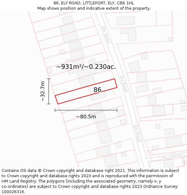 86, ELY ROAD, LITTLEPORT, ELY, CB6 1HL: Plot and title map