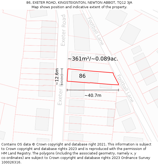86, EXETER ROAD, KINGSTEIGNTON, NEWTON ABBOT, TQ12 3JA: Plot and title map