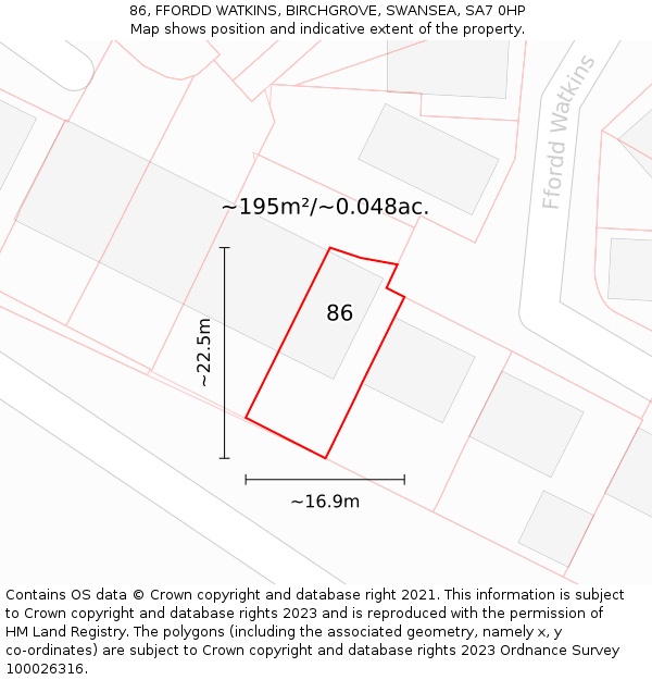 86, FFORDD WATKINS, BIRCHGROVE, SWANSEA, SA7 0HP: Plot and title map