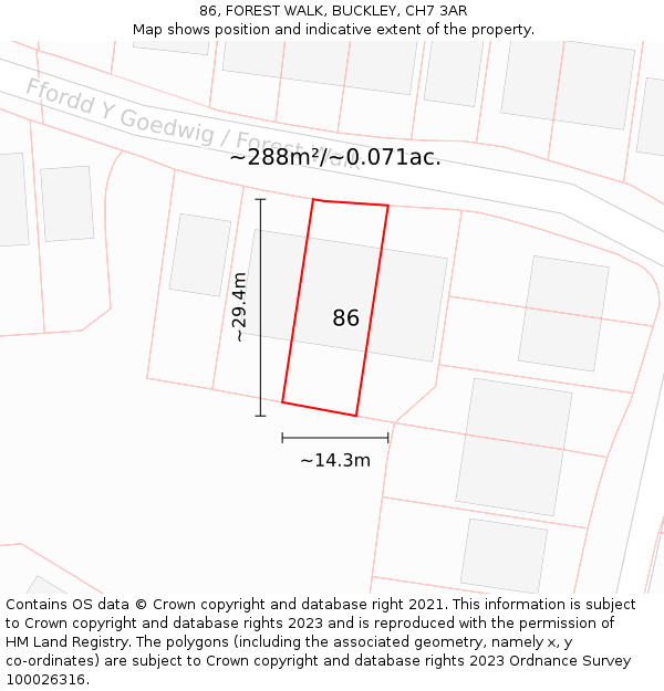 86, FOREST WALK, BUCKLEY, CH7 3AR: Plot and title map