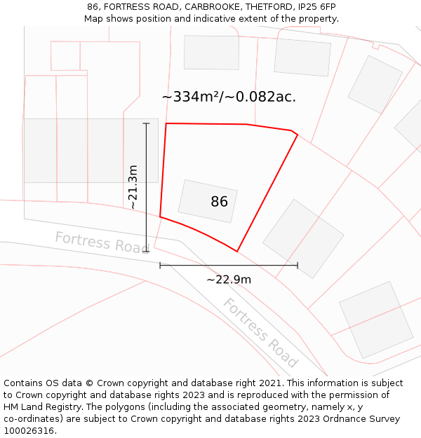 86, FORTRESS ROAD, CARBROOKE, THETFORD, IP25 6FP: Plot and title map