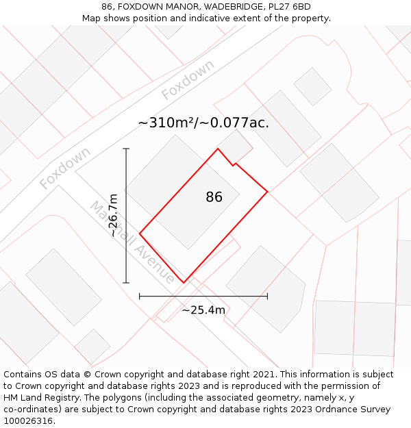 86, FOXDOWN MANOR, WADEBRIDGE, PL27 6BD: Plot and title map