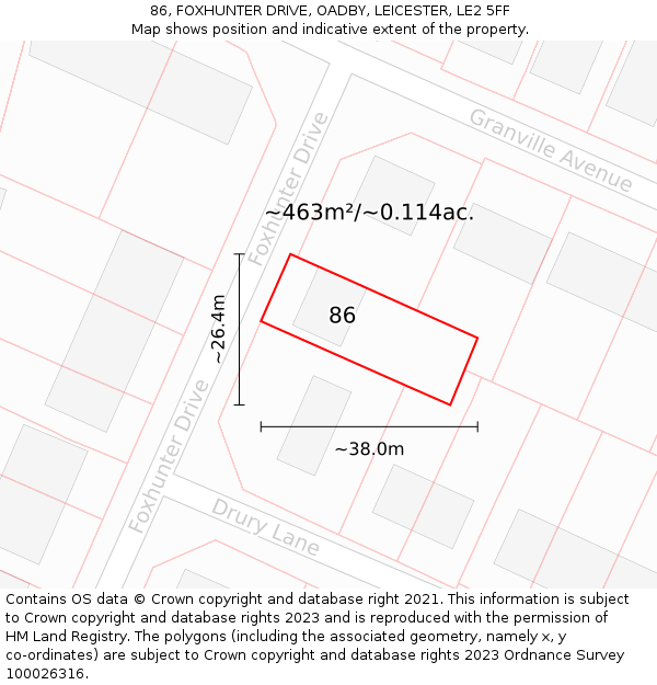 86, FOXHUNTER DRIVE, OADBY, LEICESTER, LE2 5FF: Plot and title map