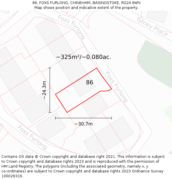 86, FOXS FURLONG, CHINEHAM, BASINGSTOKE, RG24 8WN: Plot and title map