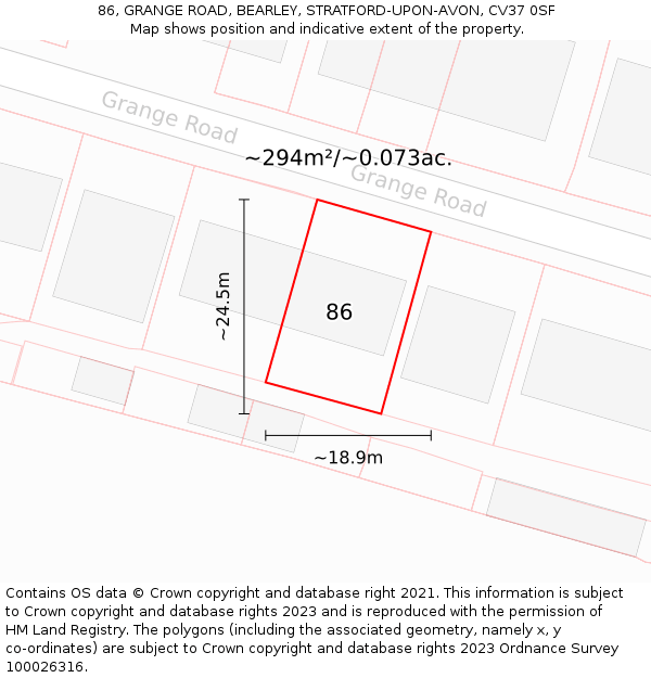 86, GRANGE ROAD, BEARLEY, STRATFORD-UPON-AVON, CV37 0SF: Plot and title map