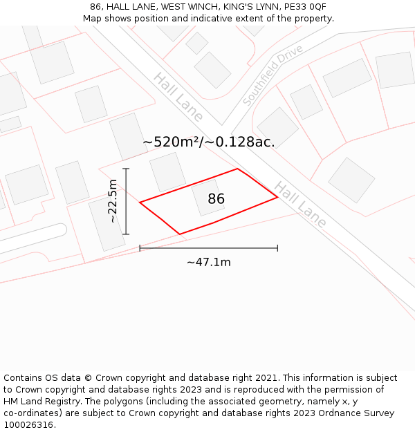 86, HALL LANE, WEST WINCH, KING'S LYNN, PE33 0QF: Plot and title map