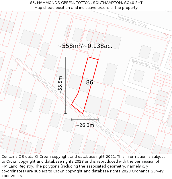 86, HAMMONDS GREEN, TOTTON, SOUTHAMPTON, SO40 3HT: Plot and title map