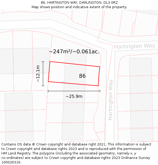 86, HARTINGTON WAY, DARLINGTON, DL3 0RZ: Plot and title map