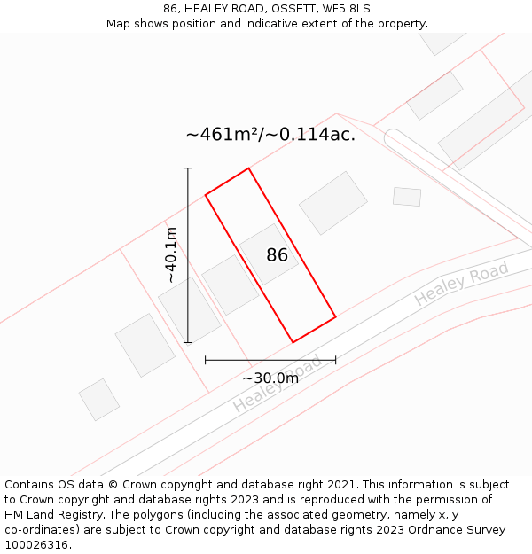 86, HEALEY ROAD, OSSETT, WF5 8LS: Plot and title map