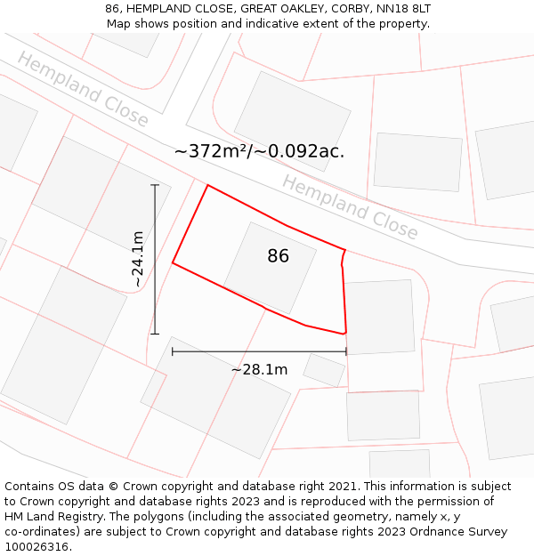 86, HEMPLAND CLOSE, GREAT OAKLEY, CORBY, NN18 8LT: Plot and title map