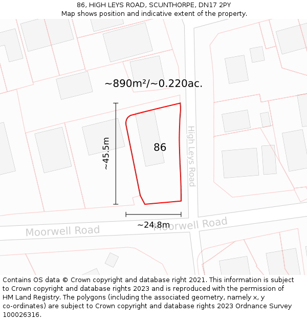 86, HIGH LEYS ROAD, SCUNTHORPE, DN17 2PY: Plot and title map