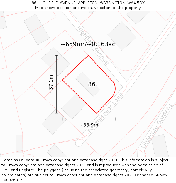 86, HIGHFIELD AVENUE, APPLETON, WARRINGTON, WA4 5DX: Plot and title map