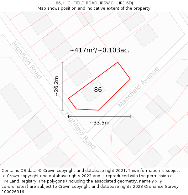 86, HIGHFIELD ROAD, IPSWICH, IP1 6DJ: Plot and title map