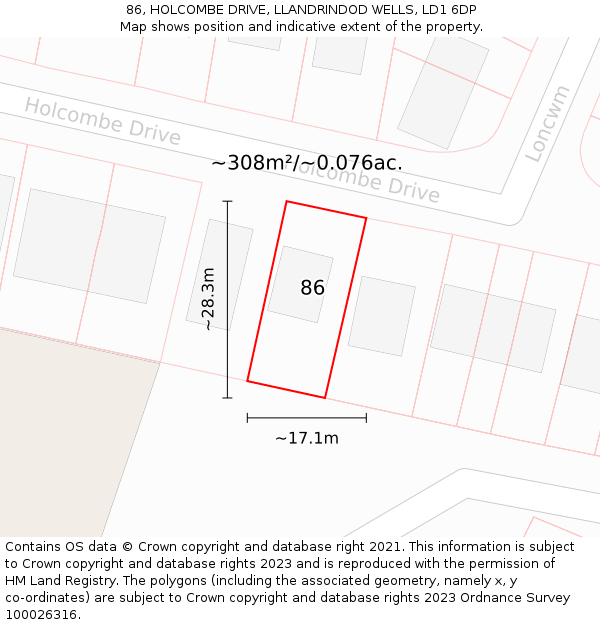 86, HOLCOMBE DRIVE, LLANDRINDOD WELLS, LD1 6DP: Plot and title map