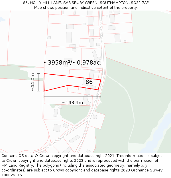 86, HOLLY HILL LANE, SARISBURY GREEN, SOUTHAMPTON, SO31 7AF: Plot and title map