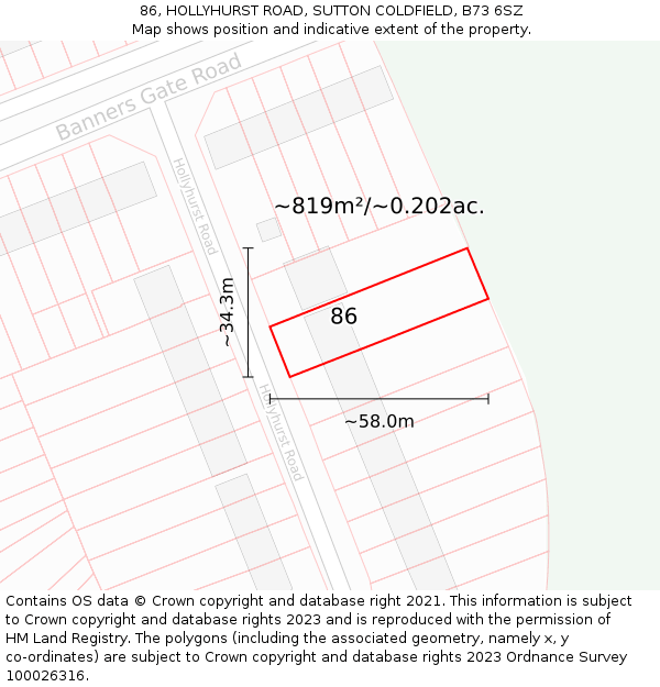 86, HOLLYHURST ROAD, SUTTON COLDFIELD, B73 6SZ: Plot and title map