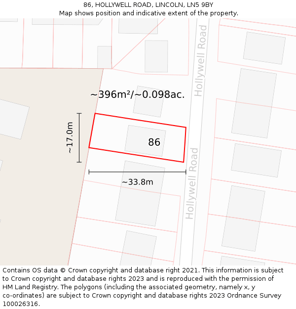 86, HOLLYWELL ROAD, LINCOLN, LN5 9BY: Plot and title map