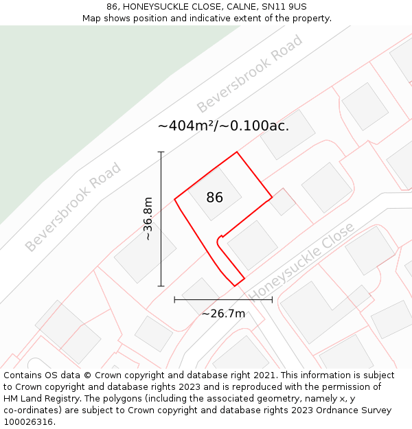 86, HONEYSUCKLE CLOSE, CALNE, SN11 9US: Plot and title map