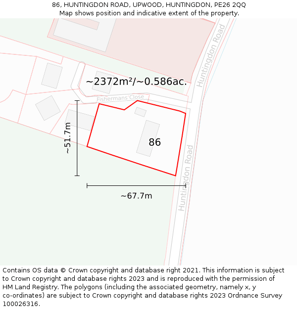 86, HUNTINGDON ROAD, UPWOOD, HUNTINGDON, PE26 2QQ: Plot and title map