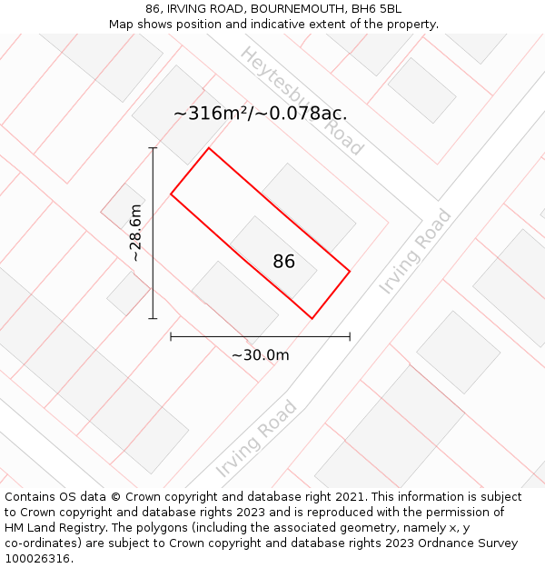 86, IRVING ROAD, BOURNEMOUTH, BH6 5BL: Plot and title map