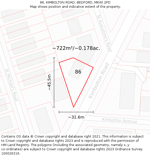 86, KIMBOLTON ROAD, BEDFORD, MK40 2PD: Plot and title map