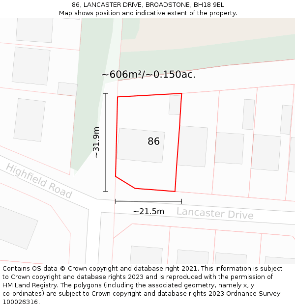86, LANCASTER DRIVE, BROADSTONE, BH18 9EL: Plot and title map