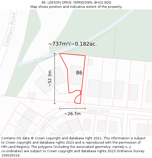 86, LEESON DRIVE, FERNDOWN, BH22 9QQ: Plot and title map